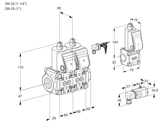 Kromschroder VCS 2E32R/25R05NNWR/-3PP/BSPP — двойной электромагнитный газовый клапан — 88107809