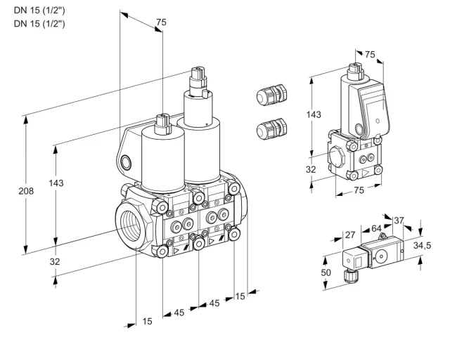 Kromschroder VCS 1E15R/15R05NLWL3/PPBS/PP-3 — двойной электромагнитный газовый клапан — 88101975