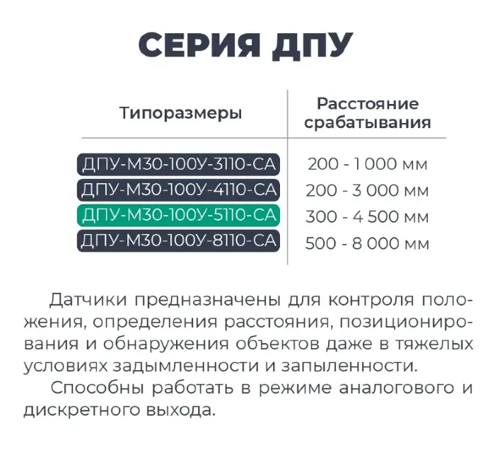 Датчики ультразвуковые с аналоговым выходом СЕНСОР ДПУ-М30-100У-5110-СА